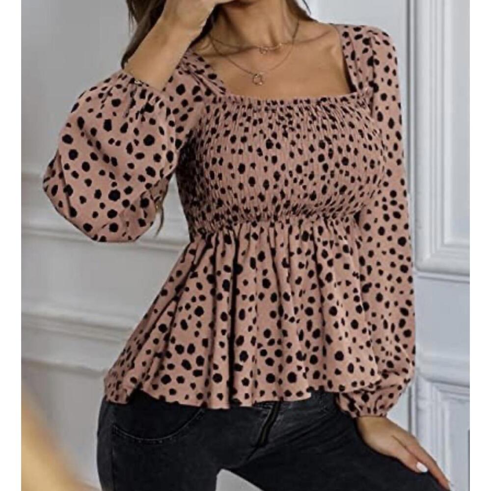 Dalmatian Print Peplum Square neckline, smocked bodice Blouse S/M